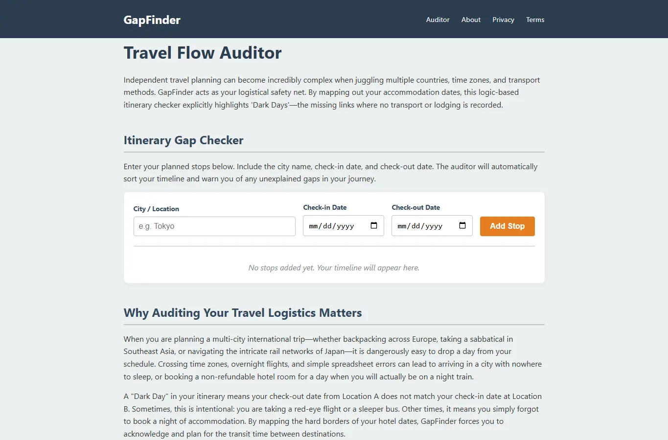 Screenshot of GapFinder: Travel Flow Auditor interface showing the project page in use